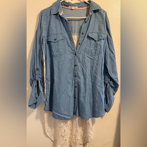Blue Button-Up Denim Shirt with Lace longer in the back Size Large - Picture 1 of 6